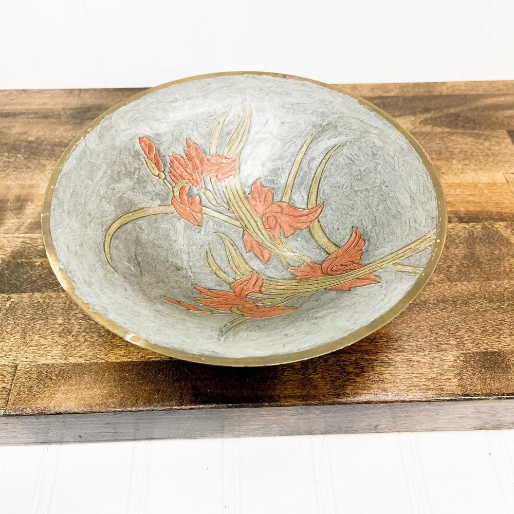 Vintage Brass Pedestal Bowl with Floral Design